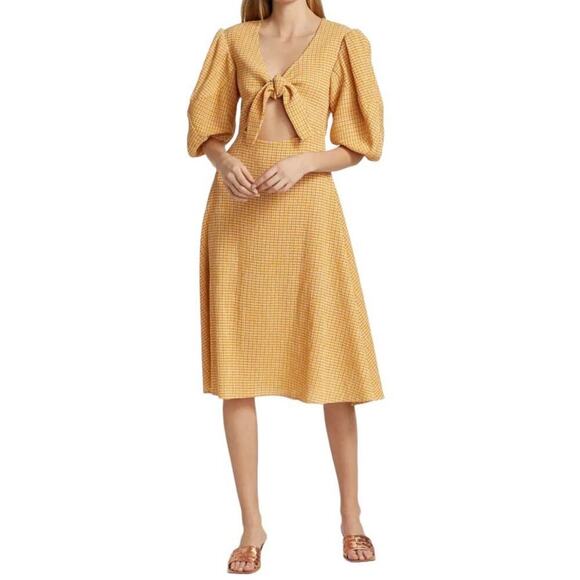 Rhode Ginny Tie Front Cutout Plaid Midi Dress In Sunflower Size 8 Fit And Flare - Picture 4 of 16